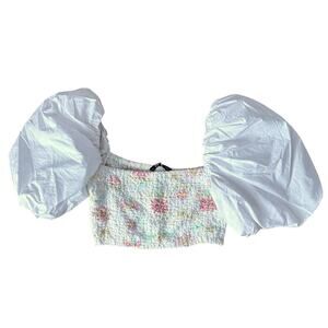 Zara women's crop puff sleeve blouse top shirring smocked floral pastel shirt XS